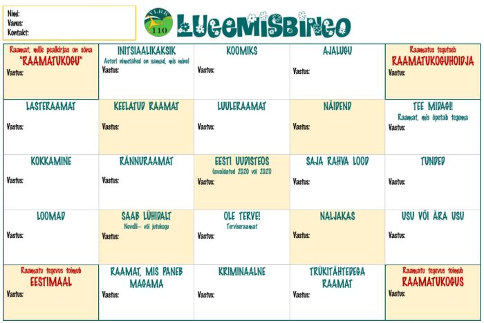 Lugemisbingo töölehe foto